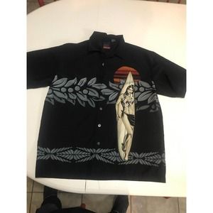 Hawaiiian Style Button Up Black Shirt Men XL Surf Board Flowers Hawaii